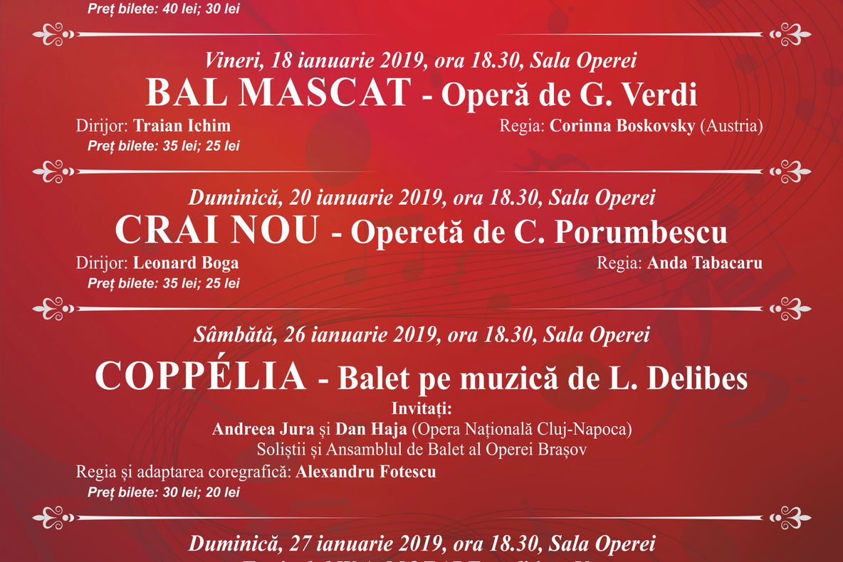 Astăzi are loc primul spectacol din 2019, la Opera Brașov. Programul complet al lunii ianuarie