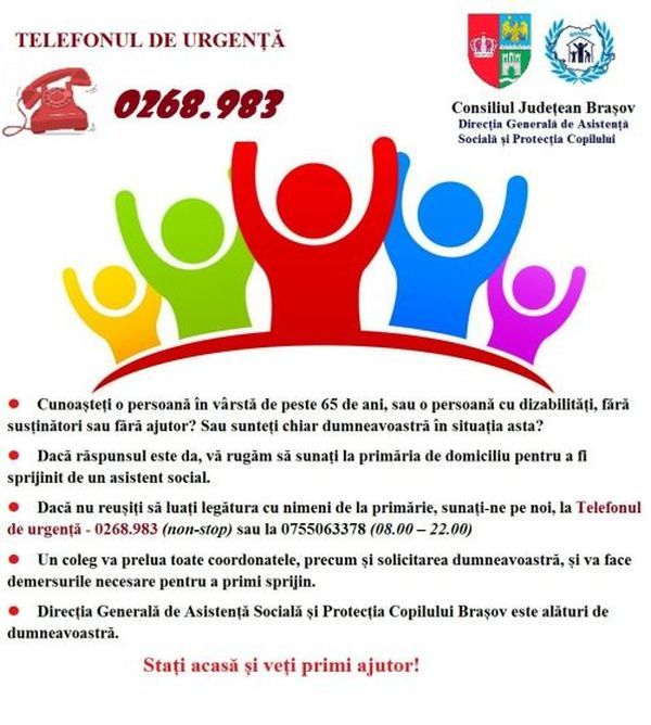 Telefon de urgență pentru persoanele vârstnice și neajutorate, din județul Brașov!
