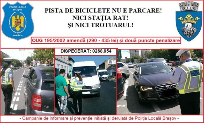 Șoferii care parchează pe pistele pentru biciclete și în stațiile RAT au fost amendați de Poliția Locală Brașov