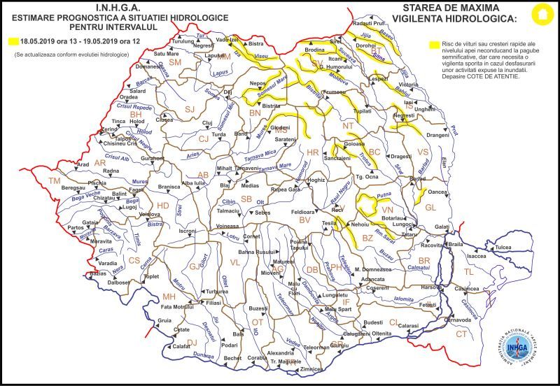 Harta atentionare Hidrologica nr. 15 din 18.05.2019