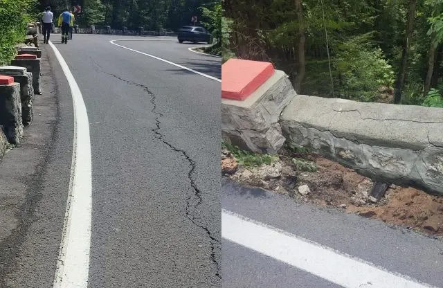 Zid de sprijin surpat pe drumul spre Poiana Braşov, după ploile abundente. Circulaţia se desfăşoară alternativ